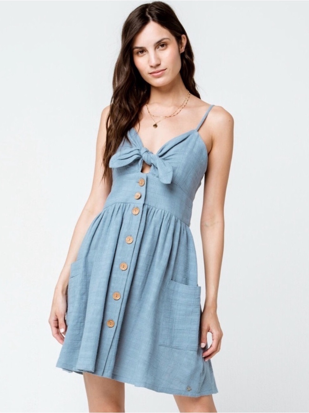 Roxy Blue Tie-Front Button-Down Sundress 100% Cotton